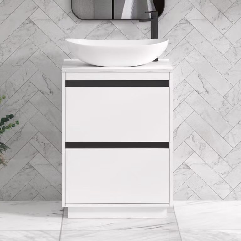 Royal Bathrooms Orion 600mm Matt White Floor Standing 2 Drawer Vanity Unit with Cesar Basin and Black Accent Trim