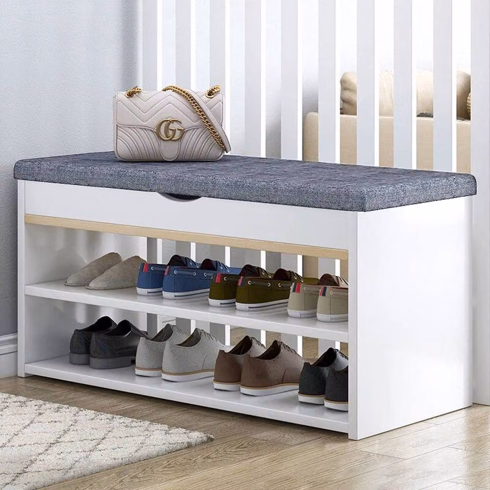 KORVIXA White Wooden Shoe Storage Bench, Width: 90 cm – 2