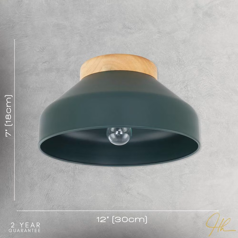 Happy Homewares Scandinavian Designed Semi Flush Ceiling Light Fitting in Green and Wood, W/D/H: 30 x 30 x 18 cm – 4
