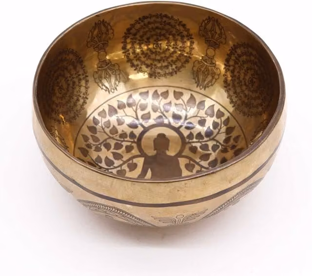 KDMK Gold Tibetan Healing Engraved Metal Bowl with Bodhi Tree Buddha Design, Diameter: 16 cm