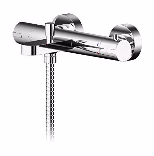 nuie BIN005 Binsey Modern Round Thermostatic Wall Mounted Bath Shower Mixer Tap with Bottom Outlet, Chrome, H 264mm x W 50mm