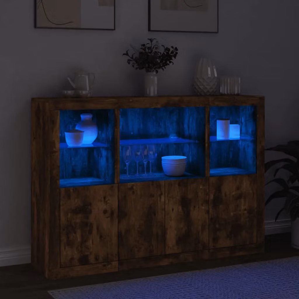Berkfield Home Set of 3 Modern Sideboards with LED Lights in Smoked Oak Brown MDF – 3