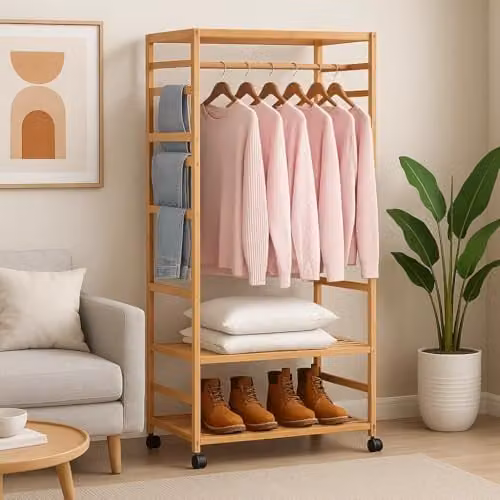 Modcraft Wooden Clothes Rail with Shelves in Natural Brown, H 155 x W 60 x D 33 cm – 1
