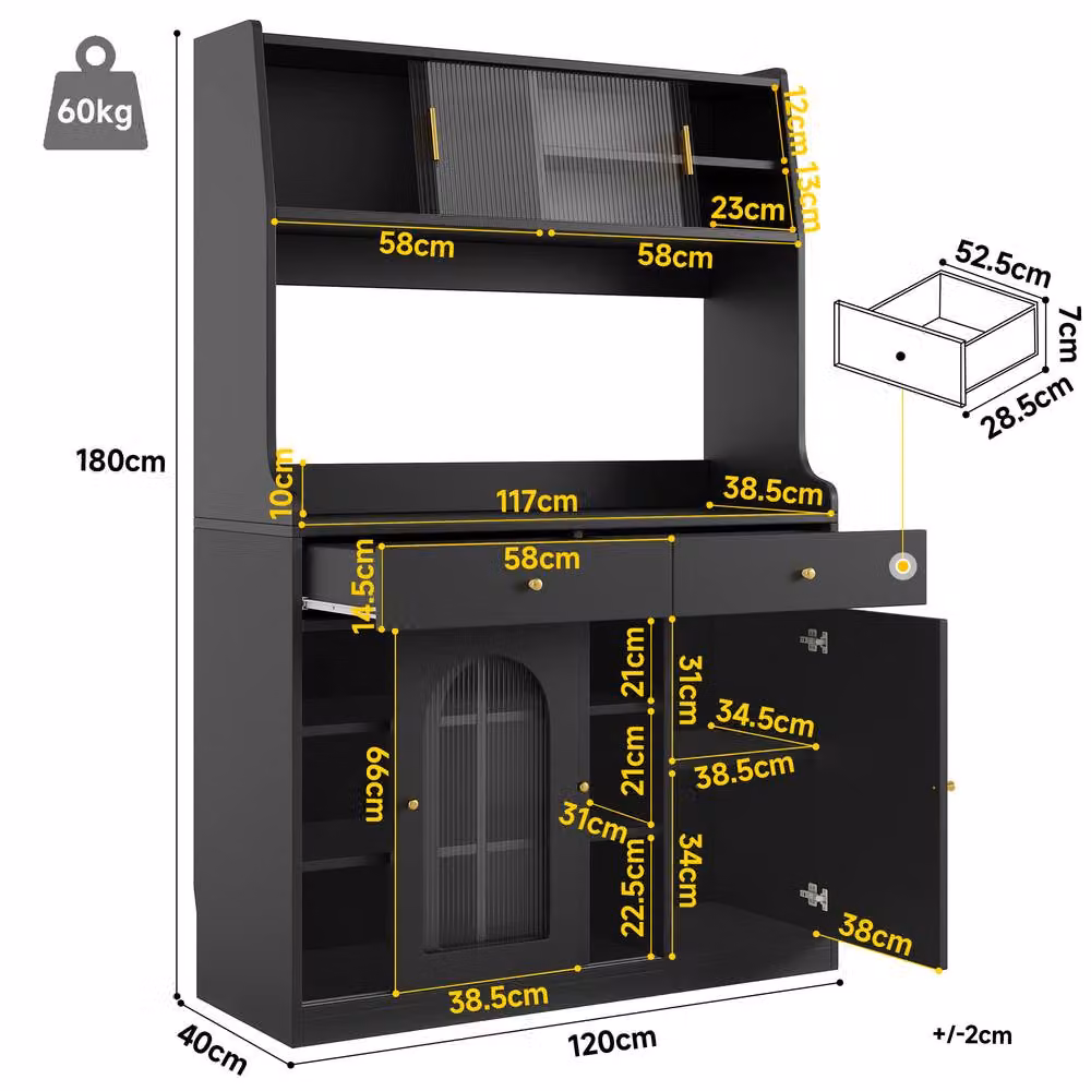 Rolipo Modern Tall Black Kitchen Cabinet Buffet Sideboard with Matt Finish and Integrated LED Glass Doors – 2