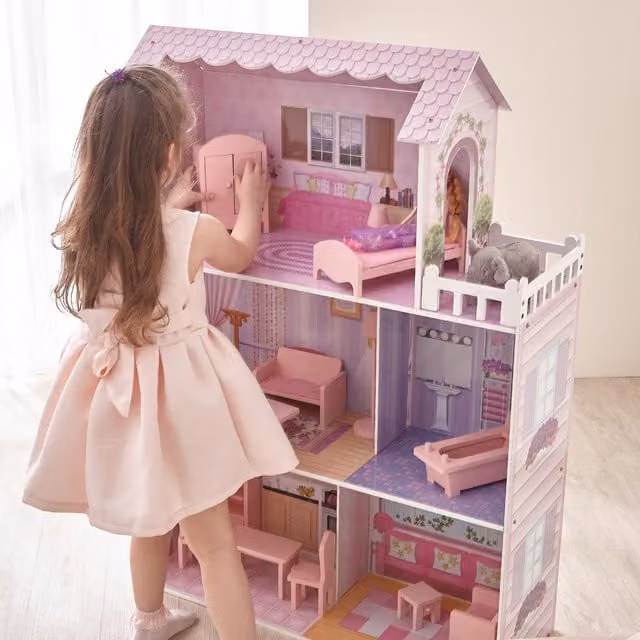 Teamson Kids 3-Story Wooden Dollhouse with Accessories in Pink and Multicolour