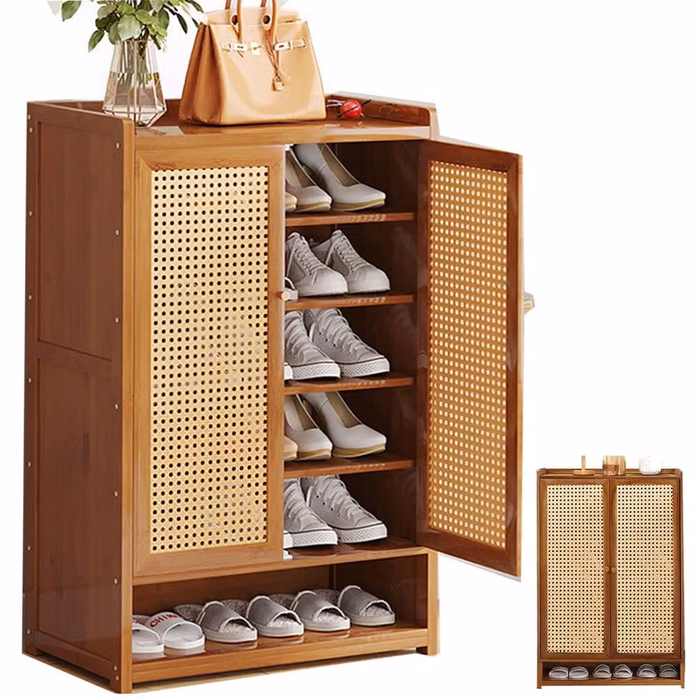 Ventryn Wooden Shoe Cabinet with Double Rattan Doors in Brown – 3