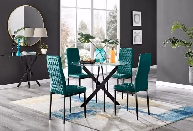 FurnitureboxUK Novara Round Glass Dining Table and 4 Milan Soft Velvet Chairs in Green with Black Legs – 1