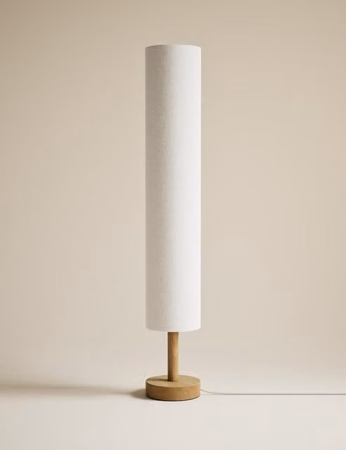 M&S Modern Floor Lamp with Fabric Cylinder Shade and Wood Base in Sand/Beige/White
