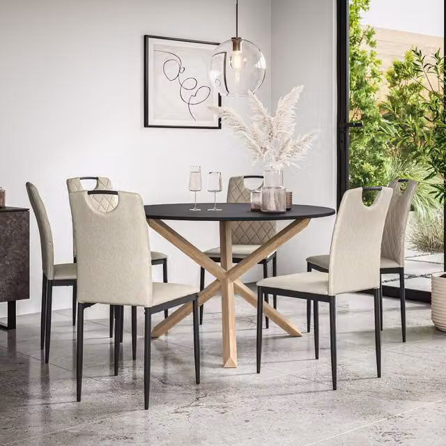 More4Homes Malvern Round Dining Table and 6 Monza Fabric Chairs Set, Black Table Top with Solid Oak Legs and Beige Chairs, Diameter: 120 cm, Height: 75 cm – 1