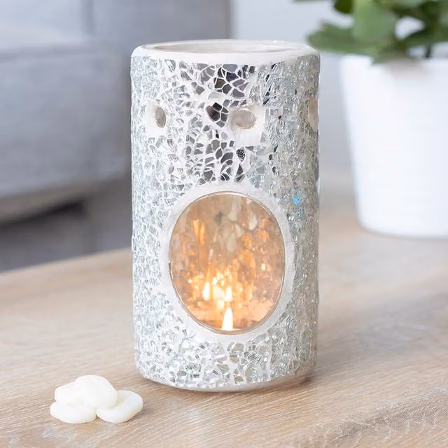 Something Different Silver Pillar Crackle Glass Tealight Oil Burner