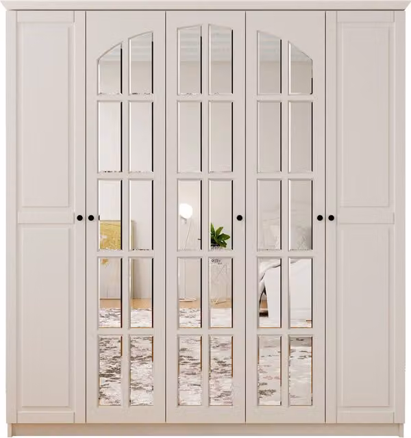 EVUHOME Modern 5 Door White Wardrobe with Mirrors, Internal Shelves and Hanging Rod, H 184 cm x W 175 cm x D 52 cm