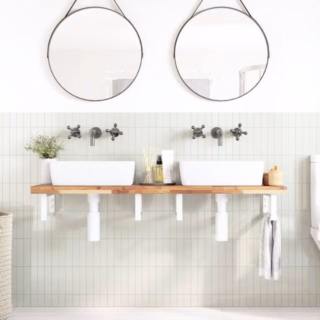 Berkfield Home Elegant Wall Mounted Basin Shelf in Brown Acacia Wood and Steel, W/D/H: 40 x 40 x 19 cm