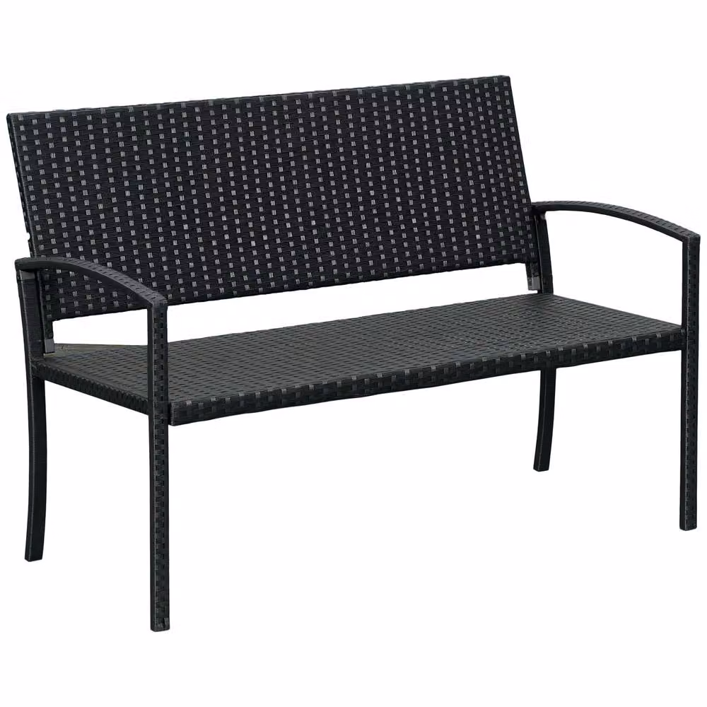 OUTSUNNY Black Polyrattan 2 Seater Garden Bench with Armrests – 2