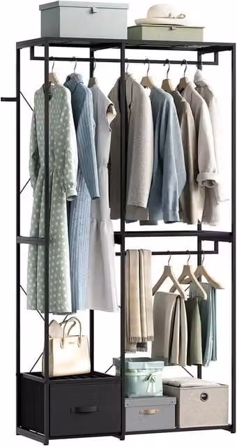 FORGEVIO Black Metal Freestanding Clothes Rack and Open Wardrobe