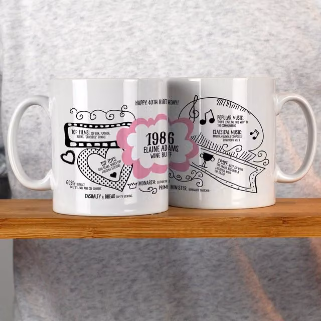 Afewhometruths Personalised 40th Birthday Mug, Born in 1986 with Custom Name and Message, Baby Pink and White – 1