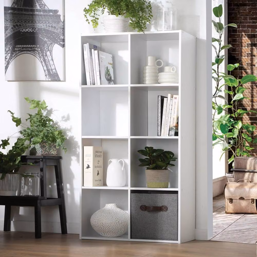 CALICOSY 8-Compartment White Composite Storage Shelf with Back Panel, W/D/H: 123 x 62 x 29.5 cm – 2