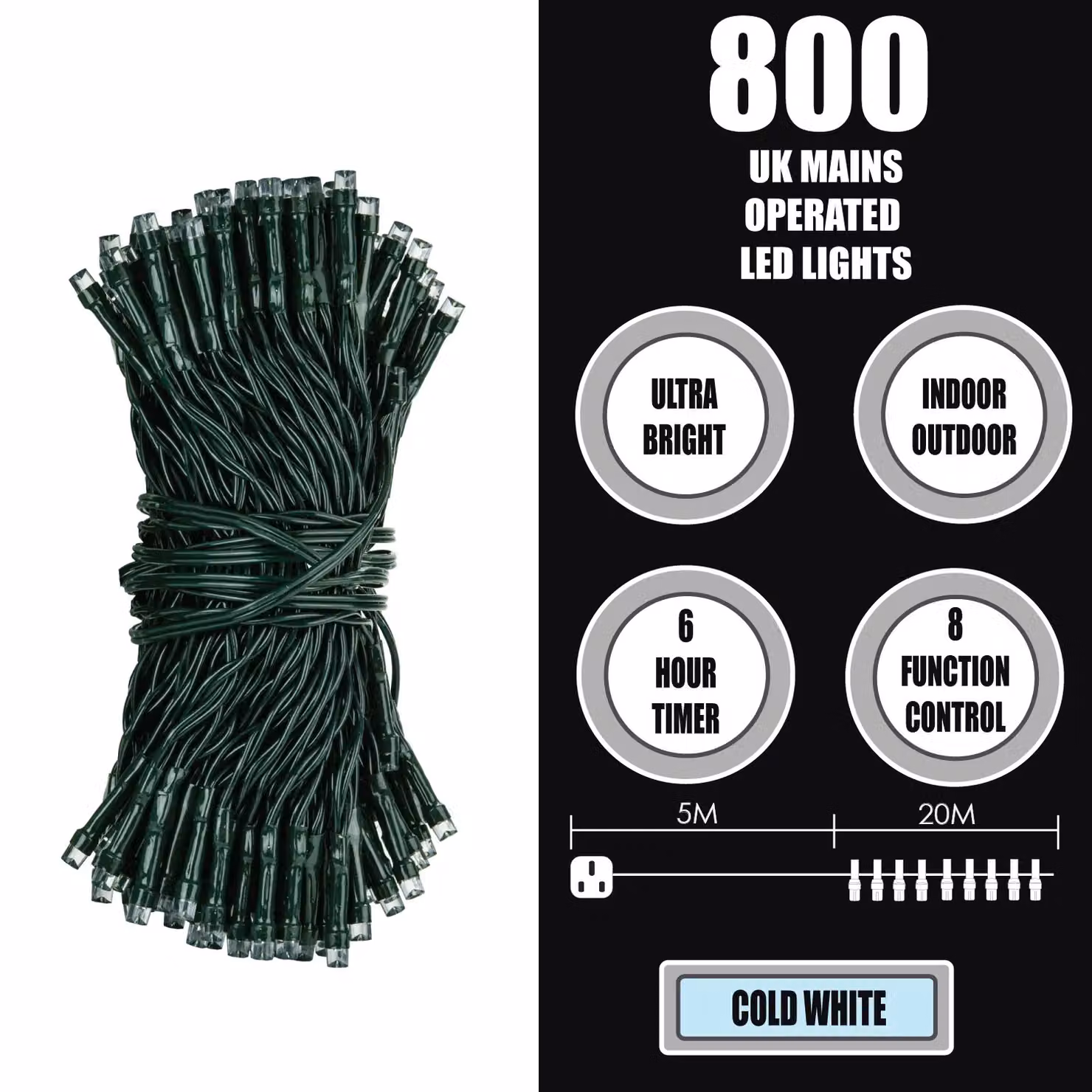 VFM e-Store 800 LED Cool White Christmas Fairy String Lights, 20m, Mains Operated – 2