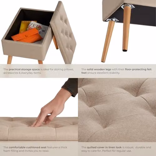 tectake Ranya Upholstered Storage Bench with Removable Top Pad in Sand – 5