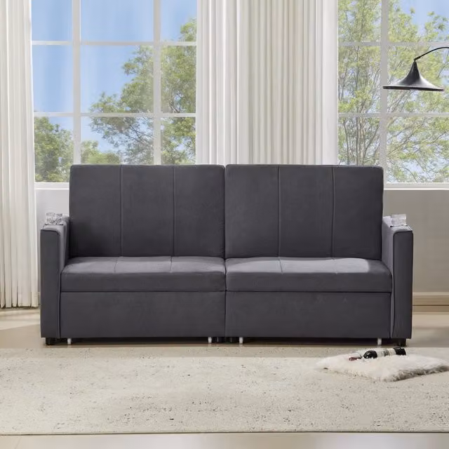 Aosom UK Modern Convertible Fabric Sofa Chair with Cup Holders and Side Pockets, King Size Pull Out Sofa Bed, Grey, W/D/H: 87 x 207 x 96 cm – 1
