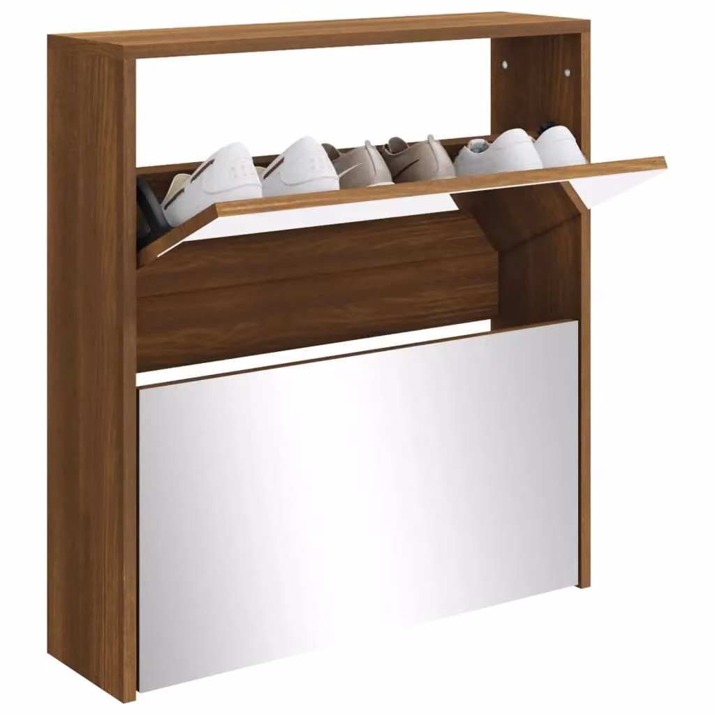 Berkfield Home Modern Wall Mounted Shoe Cabinet with Mirror in Brown Oak, W/D/H: 63 x 17 x 67 cm – 2