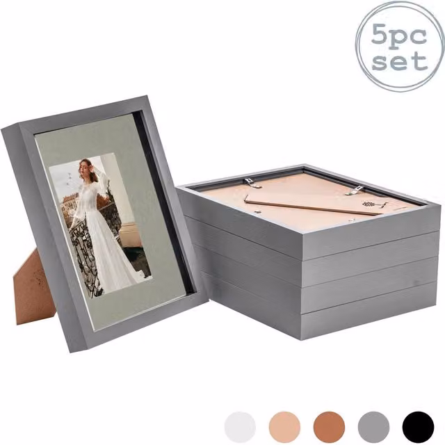 Nicola Spring Pack of 5 Grey 3D Box Photo Frames with 4x6 inch Mount, W/H: 20.32 x 25.4 cm