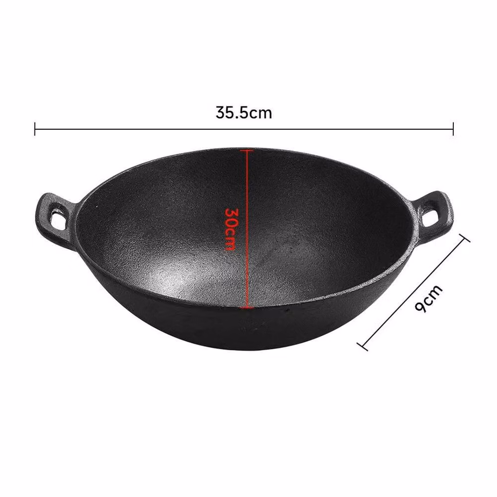 FLAVORA Black Uncoated Cast Iron Chinese Stir Fry Frying Pan W: 35.5 cm, D: 30 cm, H: 9 cm – 2