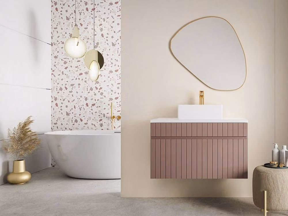 Vente-unique Pink Ribbed Wall-Mounted Bathroom Unit with Free-Standing Basin, W: 80 cm, D: 46 cm, H: 46 cm – 1