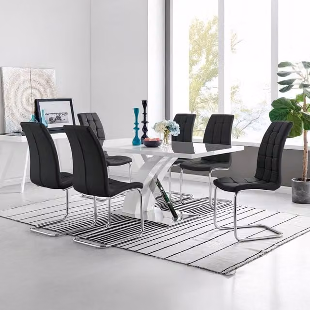 FurnitureboxUK Atlanta Rectangle Chrome Metal High Gloss White Dining Table and 6 Murano Chairs in Black