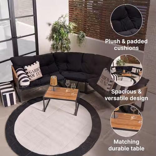 OHS Santorini 5 Seater L-Shape Corner Sofa and Coffee Table Set in Black with Upholstered Cushions – 5