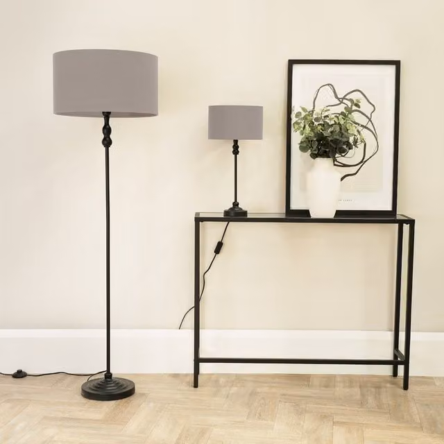ValueLights Maggie Modern Floor Lamp with Grey Fabric Drum Shade