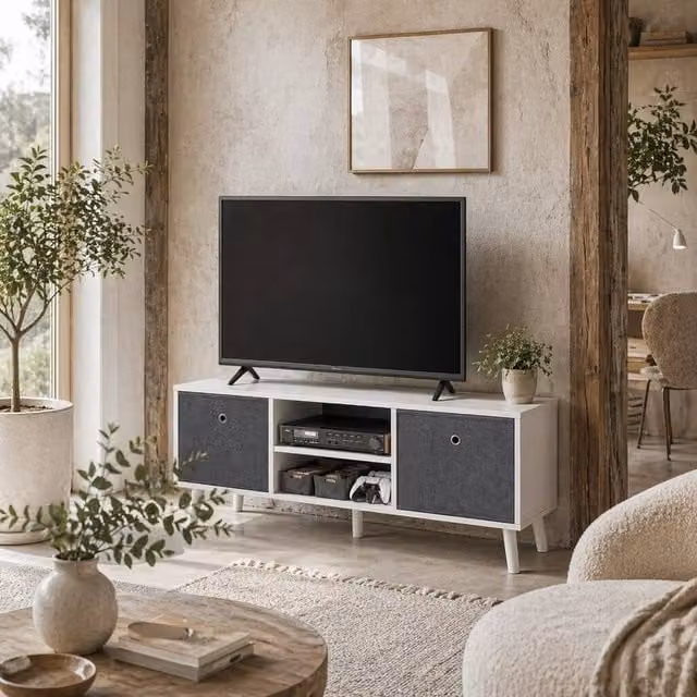 Wyld Haus Nirona Scandinavian TV Cabinet in White and Grey with Removable Fabric Drawers, Width: 110 cm