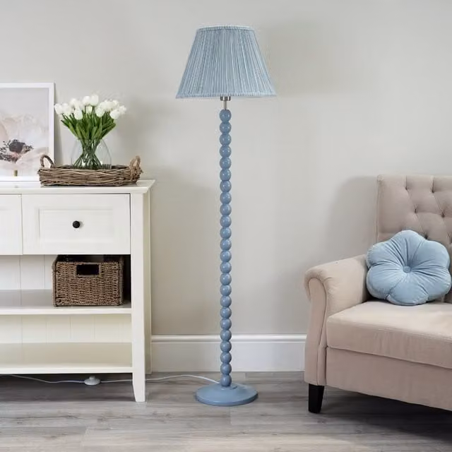 ValueLights Bobbins Floor Lamp with Blue Fabric Tapered Pleated Shade