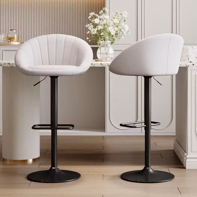 Komore Set of 2 Modern Linen Swivel Bar Stools in Beige and Black