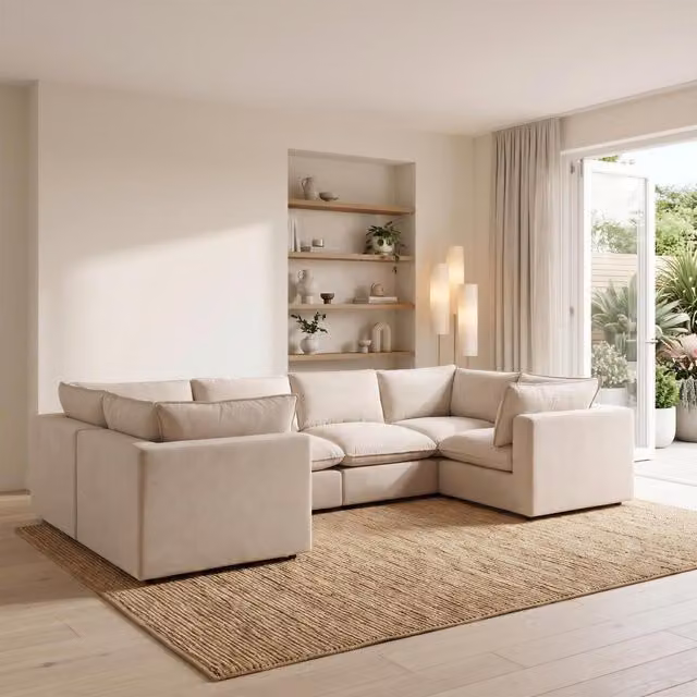 Furniturebox UK Echo Linen-Look Fabric 5 Seater U-Shaped Modular Corner Sofa in Cream