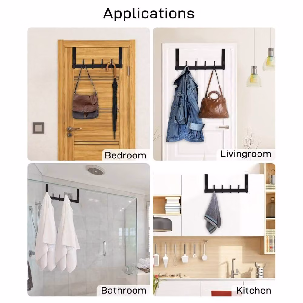 FLAVORA Over The Door Hanger 6 Hook Metal Clothes Coat Jacket Rack in Black, Width: 50 cm – 3