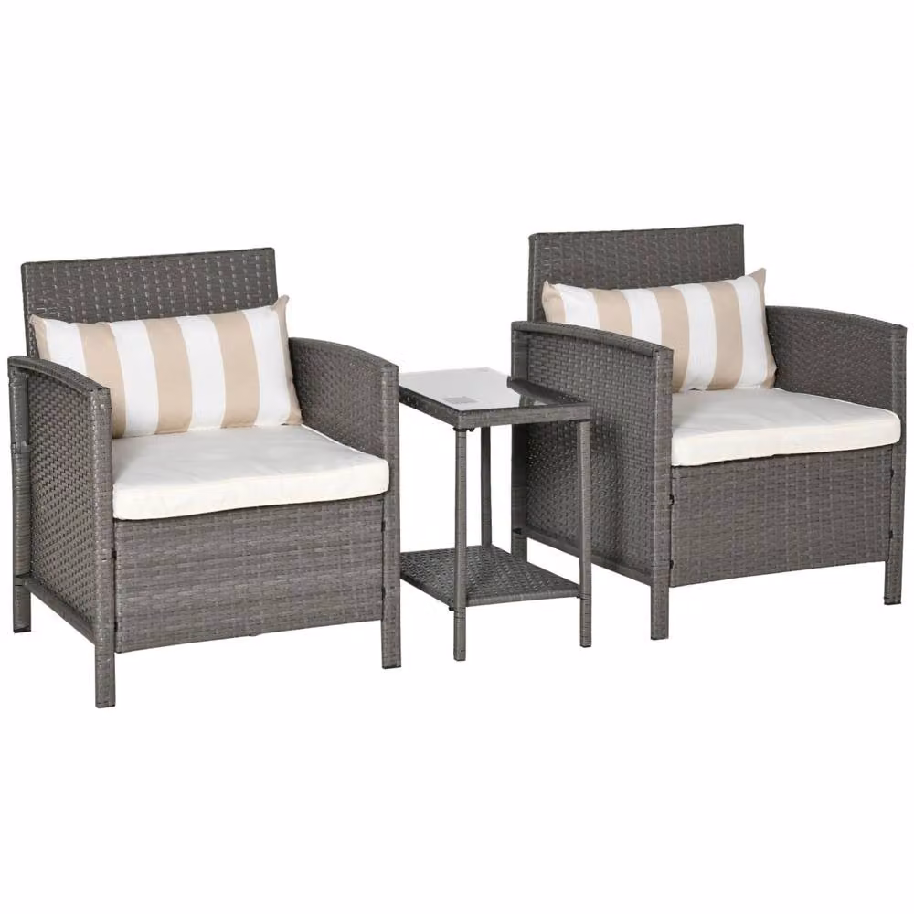 Wyld Haus Reha 3 Piece Grey Rattan Bistro Set with 2 Tier Glass Table and Light Grey Striped Cushions – 2