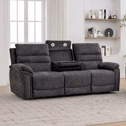 Furnishings For Less UK Sicily Grey Fabric 3 Piece Electric Recliner Sofa Set with 3 Seater and 2 Armchairs, featuring USB Charging and Cup Holders – 2