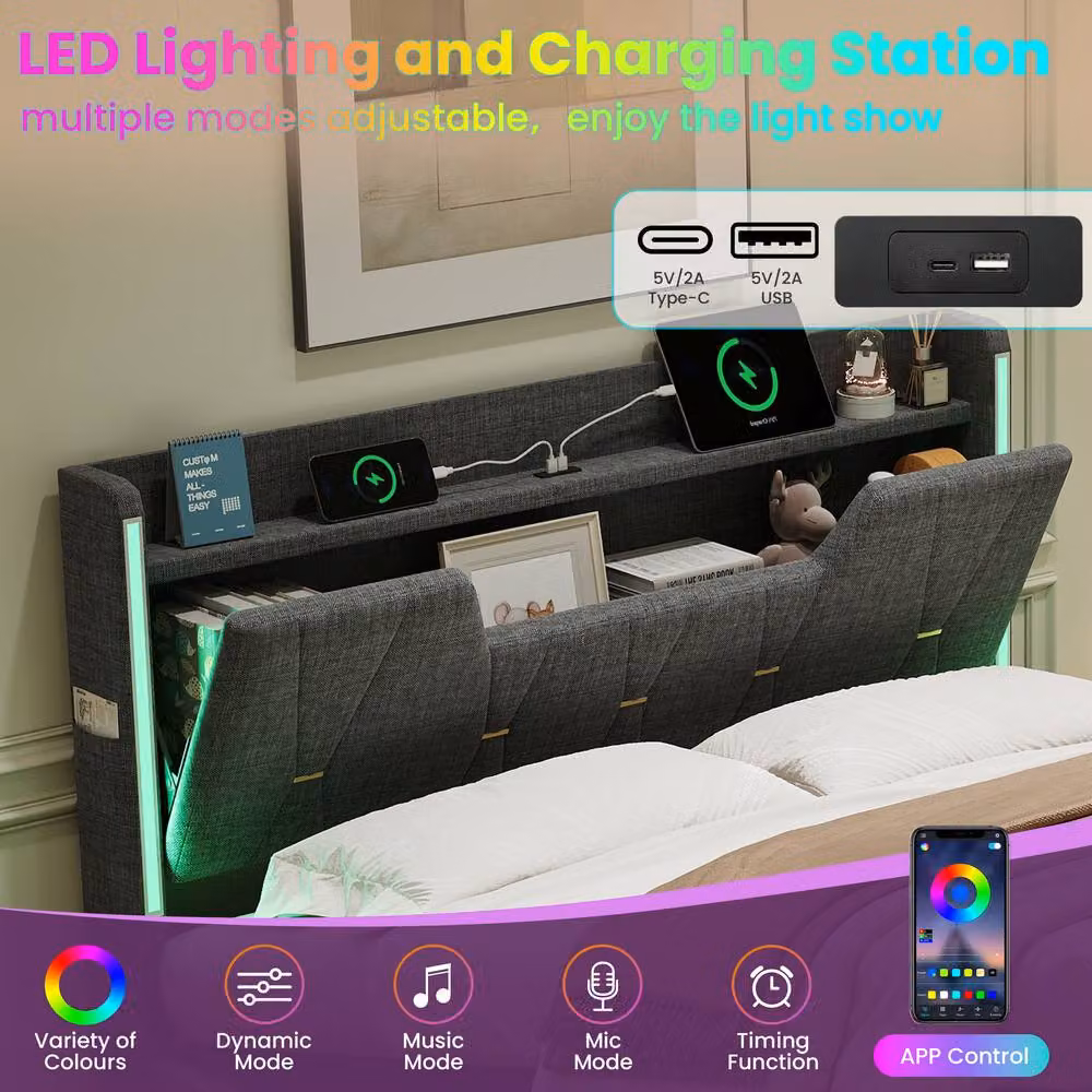 BTM Double Hydraulic Storage Bed with X Shape LED and USB Charging Port, Grey, W/D/H: 140 x 200 cm – 7
