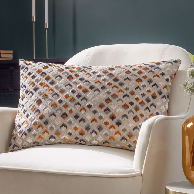 Paoletti Lexington Geometric Velvet Cushion in Orange and Grey, W/D/H: 60 x 40 x 40 cm – 3