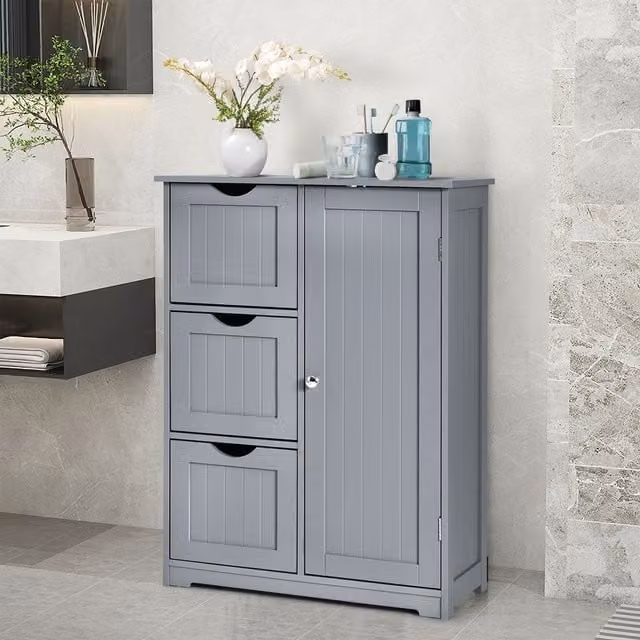 Costway Modern Bathroom Floor Cabinet Storage Cupboard with 3 Drawers in Grey