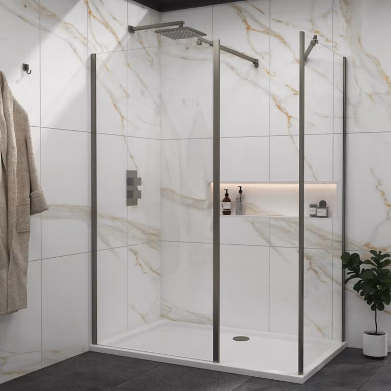 Royal Bathrooms Marbella Walk In Shower Enclosure with Outer Frame and Tray, Gun Metal Grey, W/D: 1600 x 80 cm, 8mm Easy Clean Glass