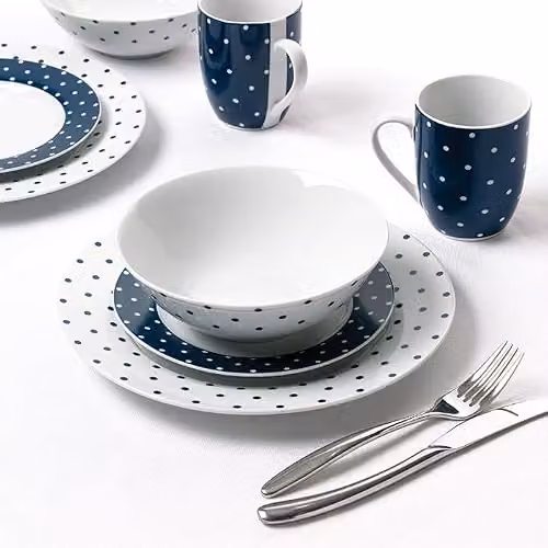 Waterside 24-Piece Blue and White Dotted Porcelain Dinner Service – 2