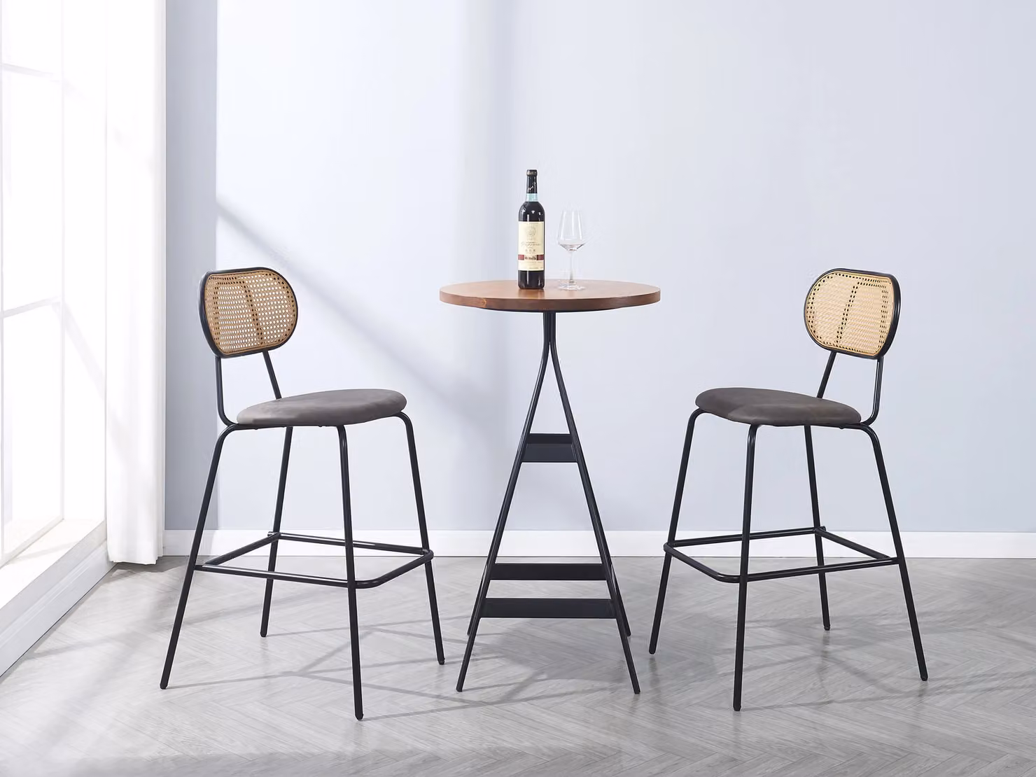 Nordlys Set of 2 Industrial Black Lacquered Metal and Wood Wicker Bar Stools – 2