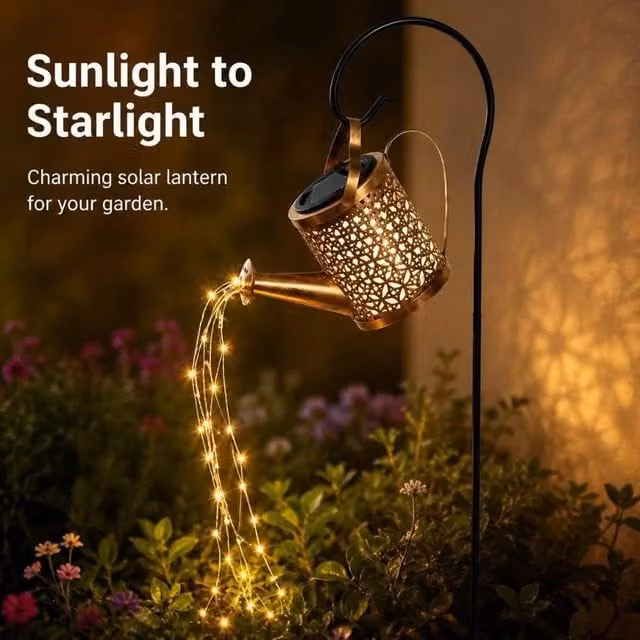EONLION Solar Powered LED String Light with Watering Can and Hook in Bronze, Warm White, Height: 100 cm