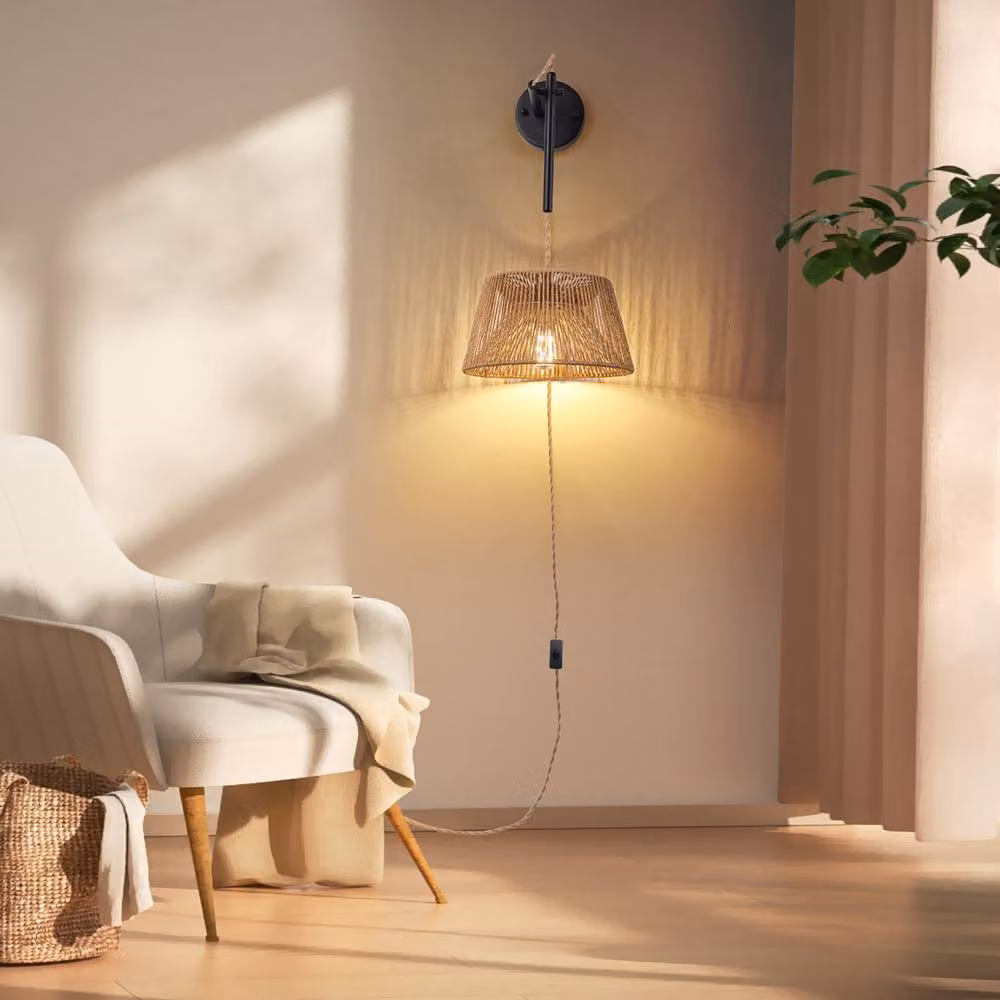 NIVOR Rattan Plug-in Wall Light with Adjustable Swing Arm and E27 Bulb in Brown – 2