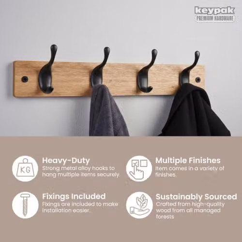 Keypak Modern Wall Mounted Coat Rack with 4 Matte Black Hooks on Ash Effect Wooden Board, W: 42 cm, H: 12 cm, D: 4 cm – 2