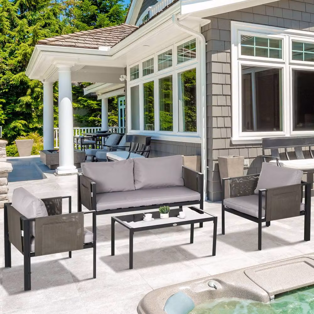 ERGOVEXA 4 Piece Metal Garden Furniture Set with Tempered Glass in Light Grey – 4