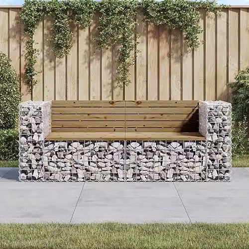 vidaXL Gabion Design Garden Bench in Brown Impregnated Pine Wood and Metal, W/D/H: 184 x 71 x 65.5 cm – 2
