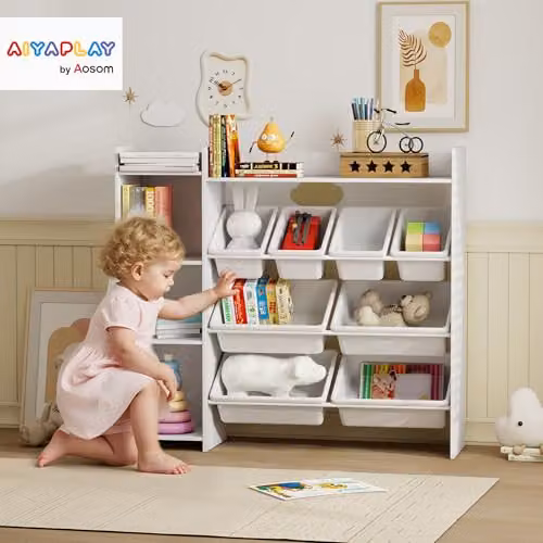 AIYAPLAY Toy Storage Unit with 8 Removable Bins for Childrens Playroom, White, H 112.5 x W 100 x D 30 cm – 2