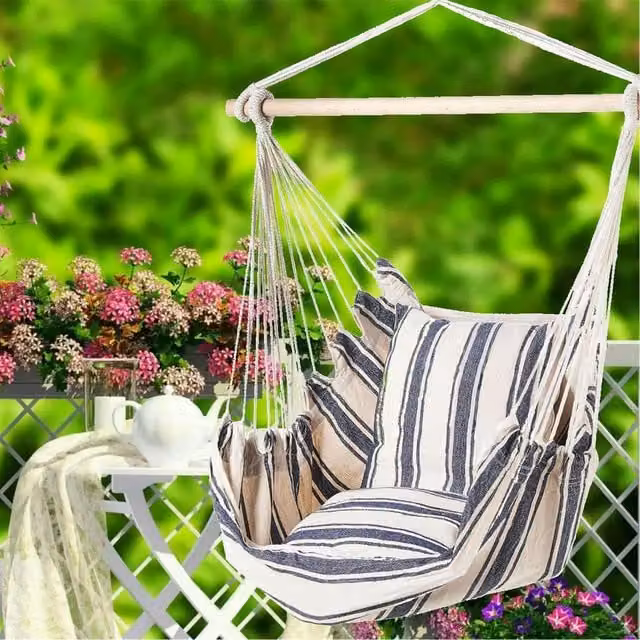 Gr8 Garden Blue and White Striped Boho Egg Hanging Rope Chair Swing Seat with Pillows and Armrests